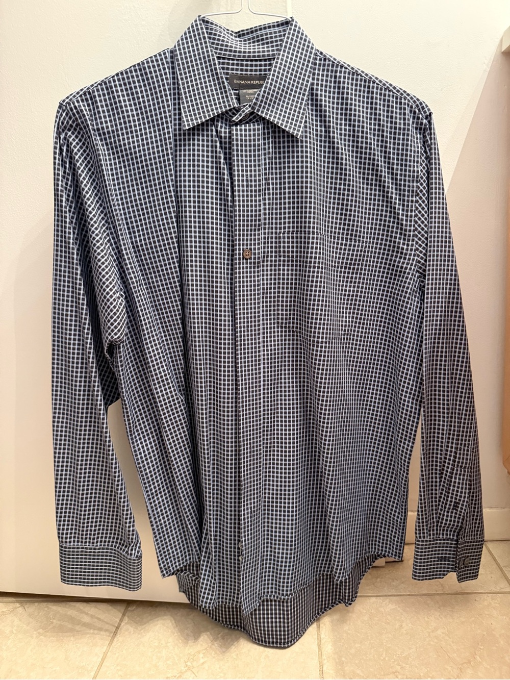 Banana Republic Navy and White Checked Men's Dress Shirt